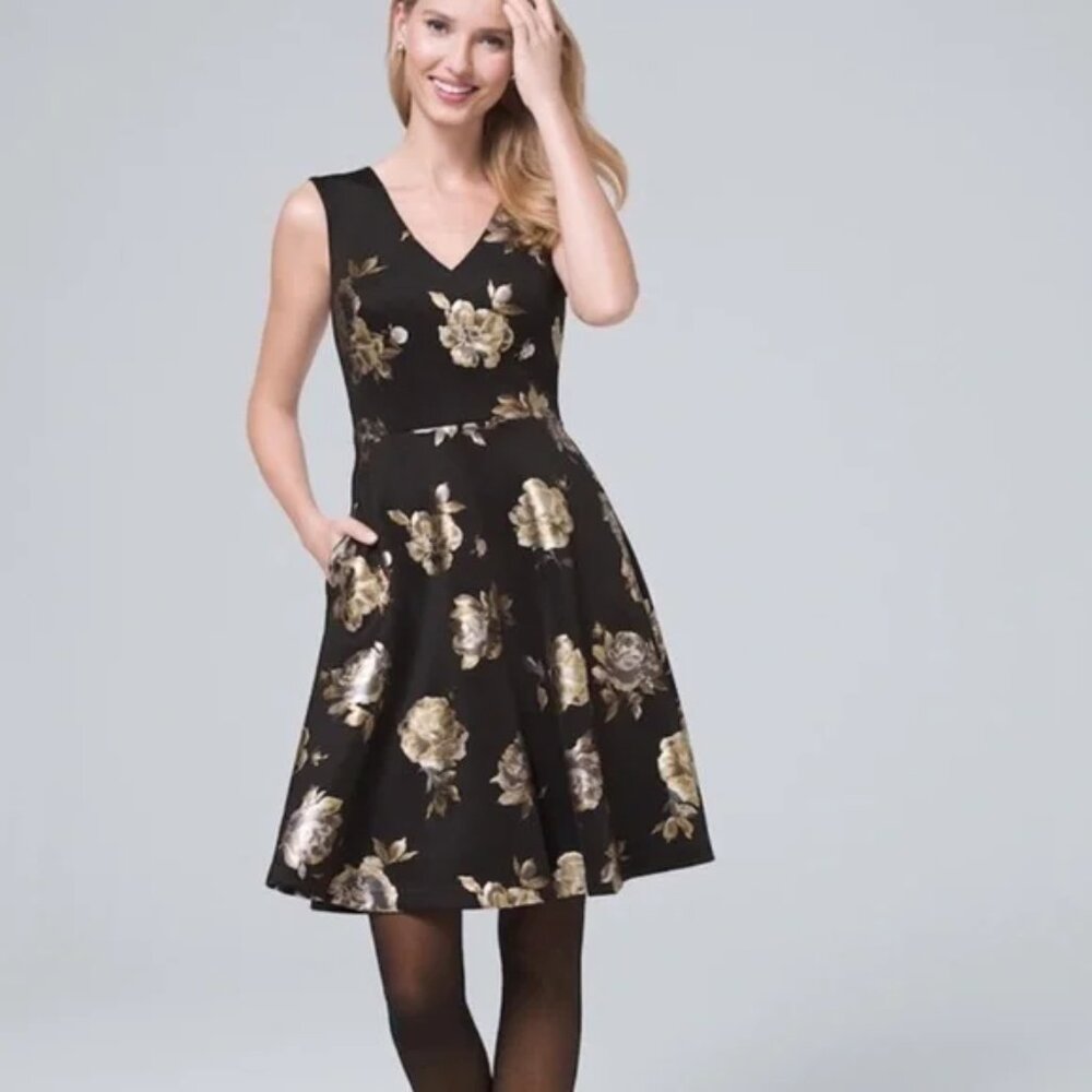 EUC White House Black Market Fit & Flare Metallic Floral Dress (Size: 4)